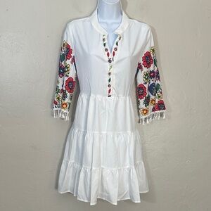 SHEIN White Dress with Colorful Floral Sleeves